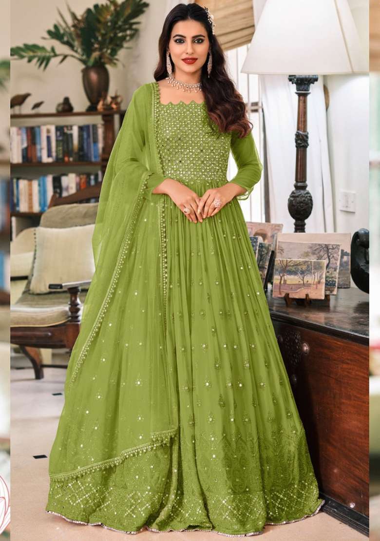 Dark Green Embroidered Georgette Anarkali Set - Indya