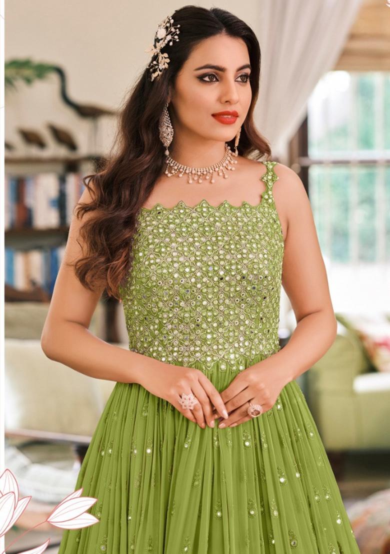 Dark Green Embroidery Georgette Suit Set - Indya