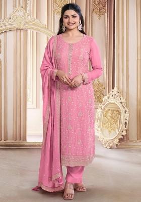 Pink Embroidery Georgette Anarkali With Dupatta