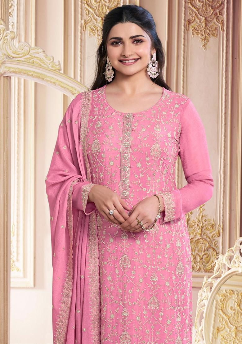 Pink Embroidery Georgette Anarkali With Dupatta - Indya