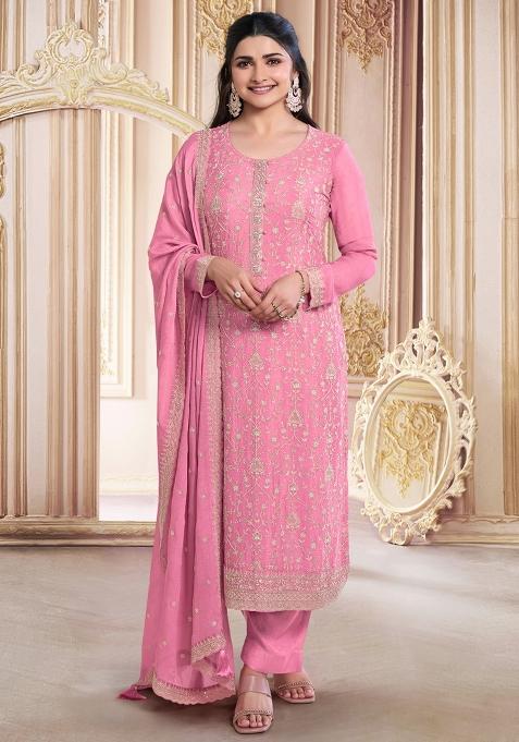 Pink Embroidery Georgette Anarkali With Dupatta