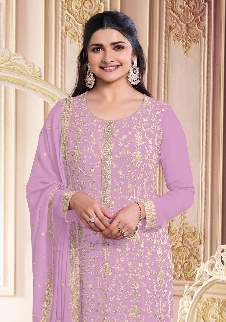 Pink Embroidery Georgette Anarkali With Dupatta - Indya