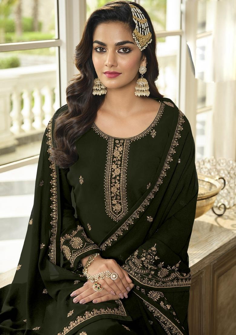 Mehendi Embroidery Georgette Suit Set - Indya