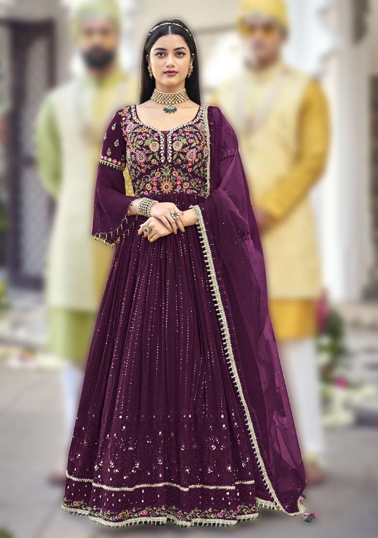 Violet Embroidered Georgette Anarkali Set - Indya