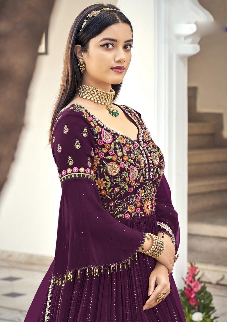 Violet Embroidery Georgette Suit Set - Indya
