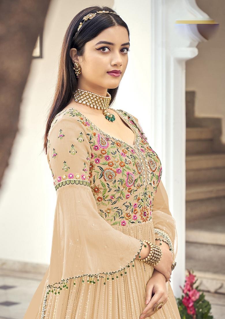 Light Orange Embroidery Georgette Suit Set - Indya