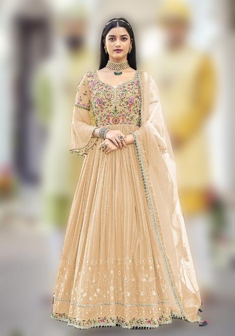 Light Orange Embroidery Georgette Suit Set