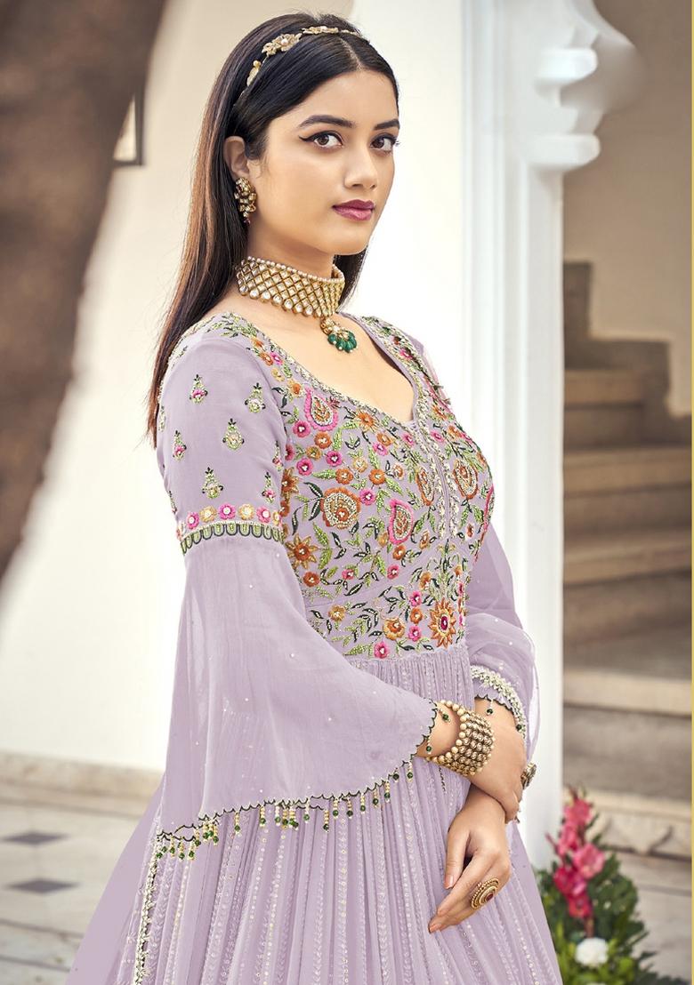 Lavender Embroidery Georgette Suit Set - Indya
