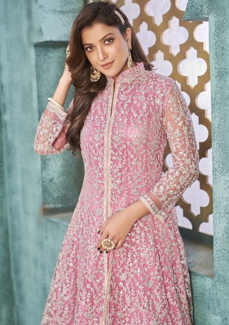 Pink Embroidery Net Suit Set - Indya