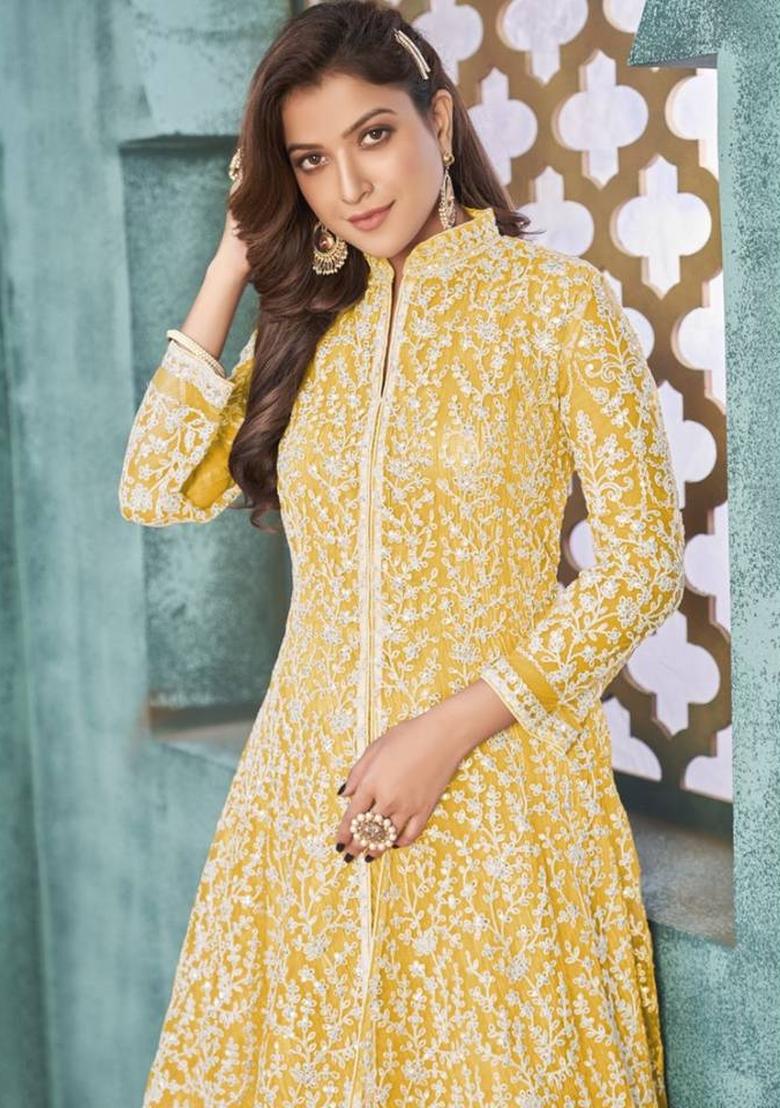 Yellow Embroidery Net Suit Set - Indya