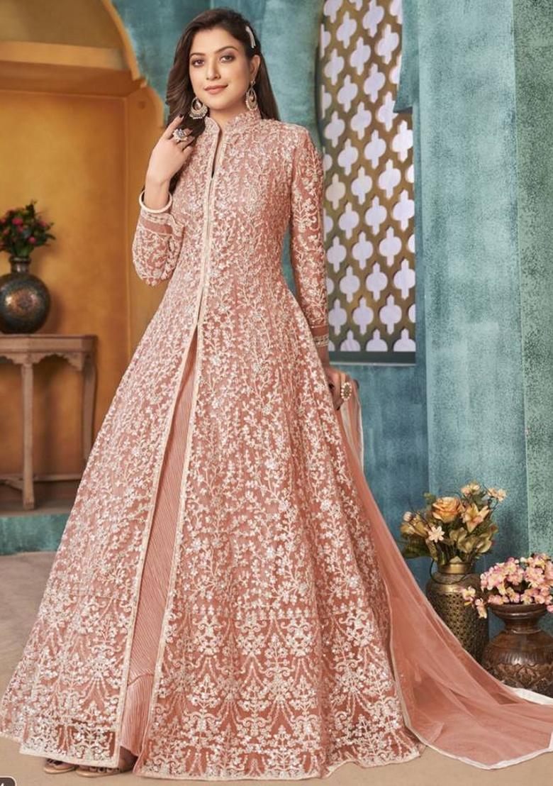 Peach Embroidery Net Suit Set - Indya