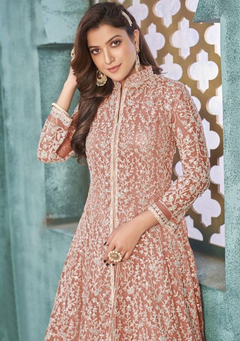 Peach Embroidery Net Suit Set - Indya