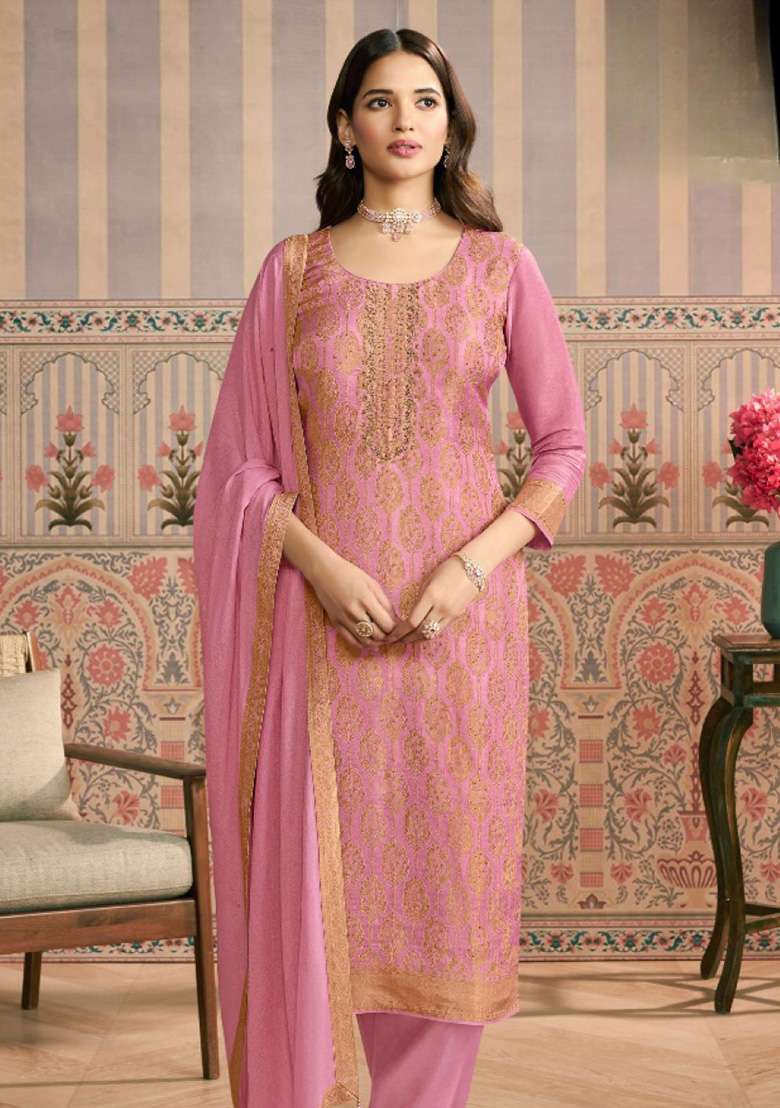 Pink Jacquard Viscose Pakistani Suit Set - Indya