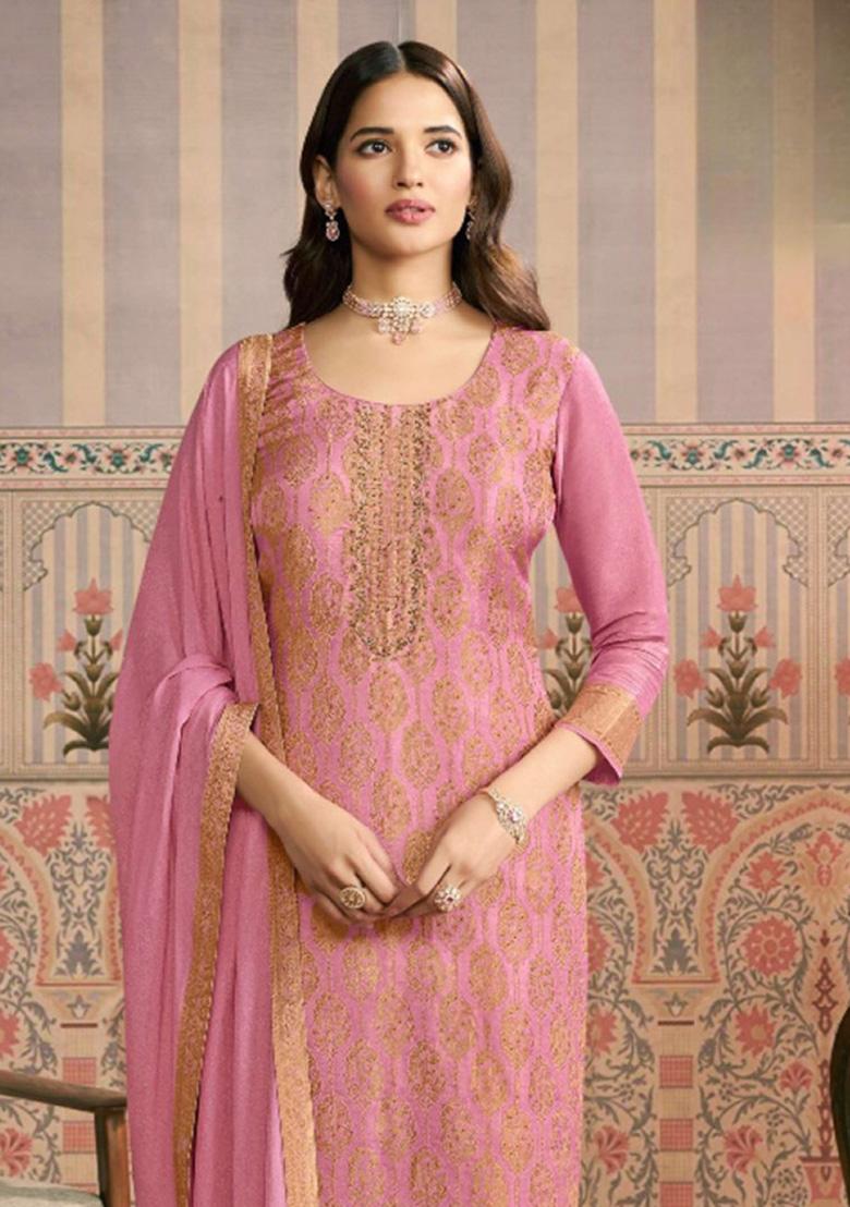 Pink Jacquard Work Viscose Salwar Kameez - Indya