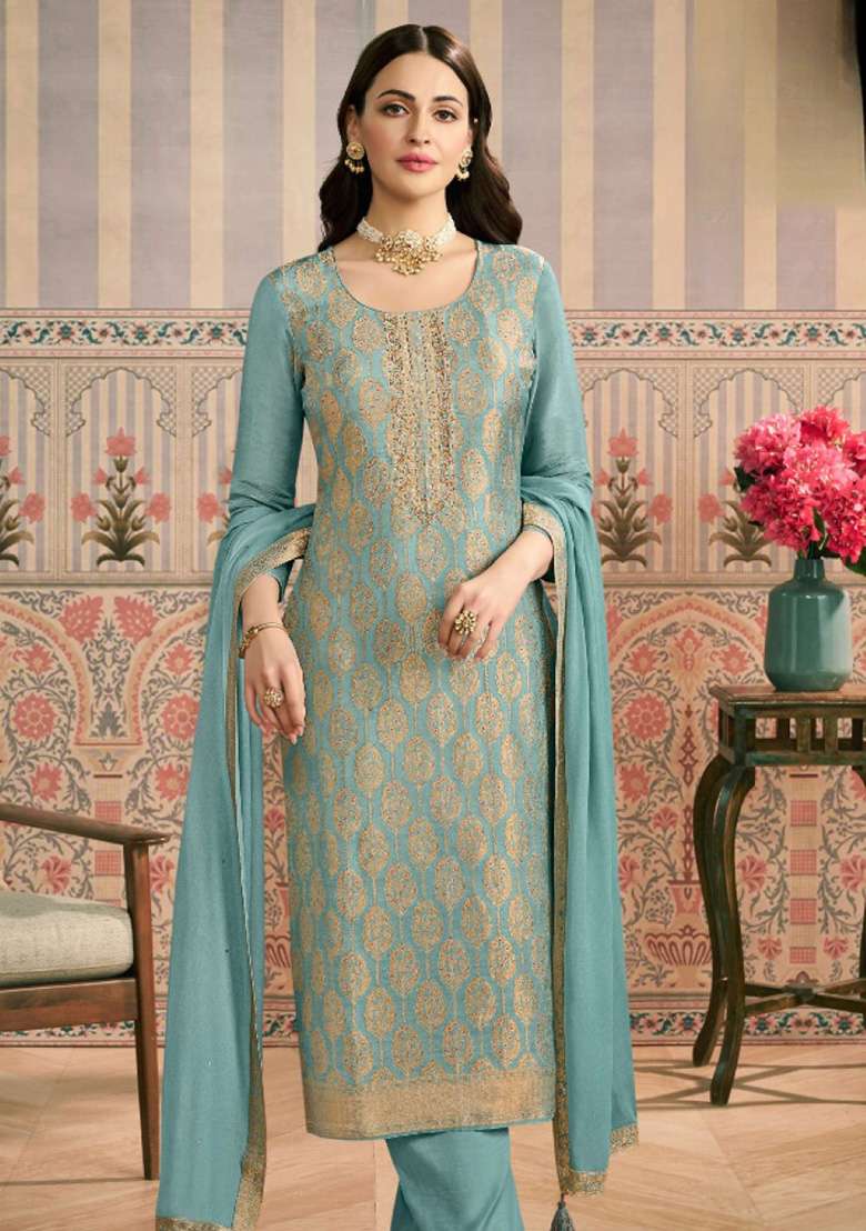 Sky Blue Jacquard Viscose Pakistani Suit Set - Indya