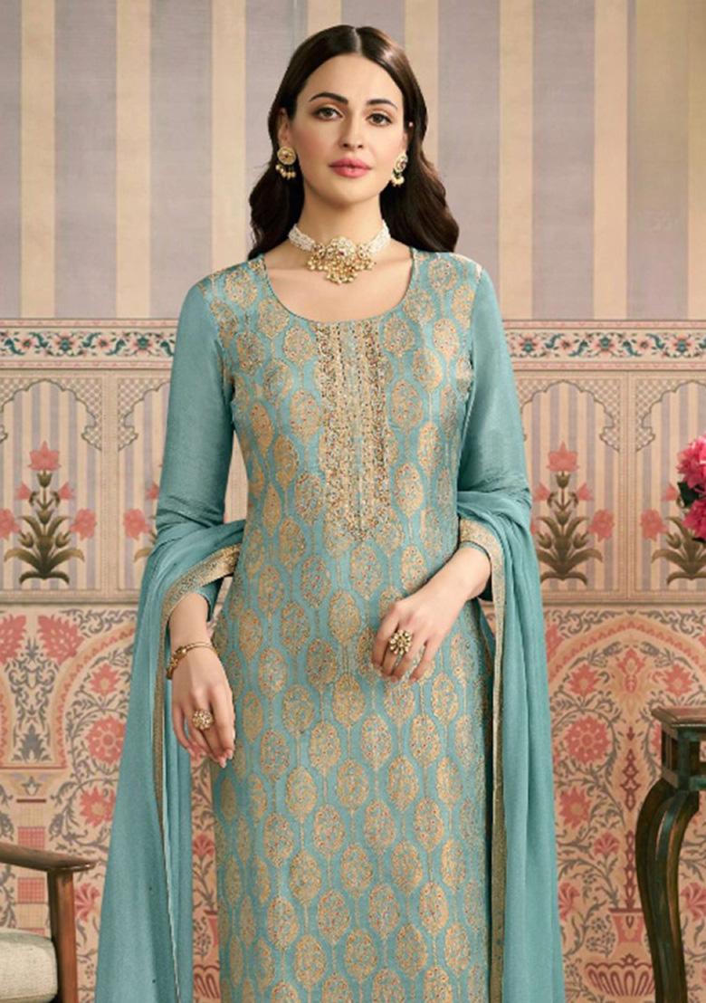 Sky Blue Jacquard Work Viscose Salwar Kameez - Indya