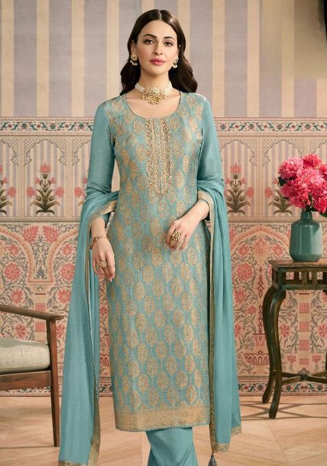 Sky Blue Jacquard Work Viscose Salwar Kameez