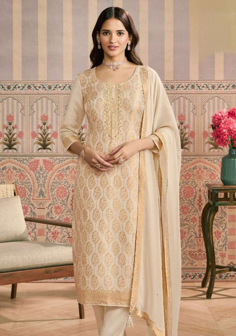 Beige Embroidered Viscose Pakistani Suit Set - Indya