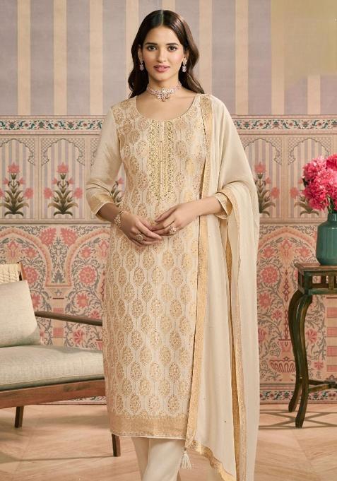 Beige Jacquard Work Viscose Salwar Kameez