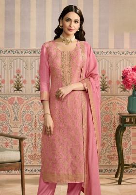 Peach Jacquard Work Viscose Salwar Kameez