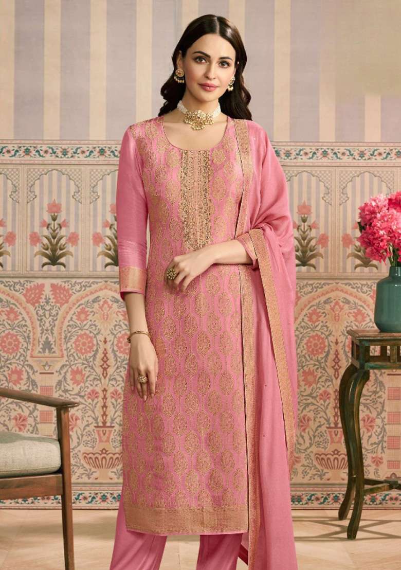 Peach Jacquard Viscose Pakistani Suit Set - Indya