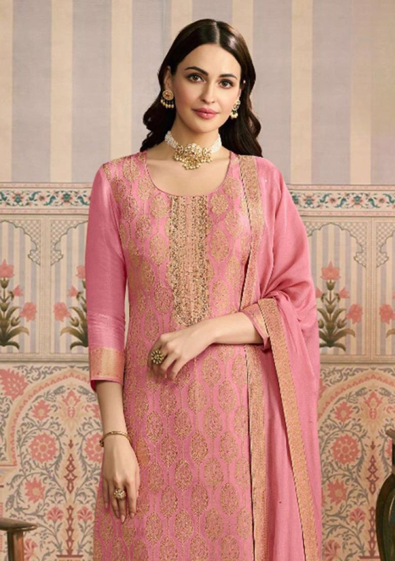Peach Jacquard Work Viscose Salwar Kameez - Indya