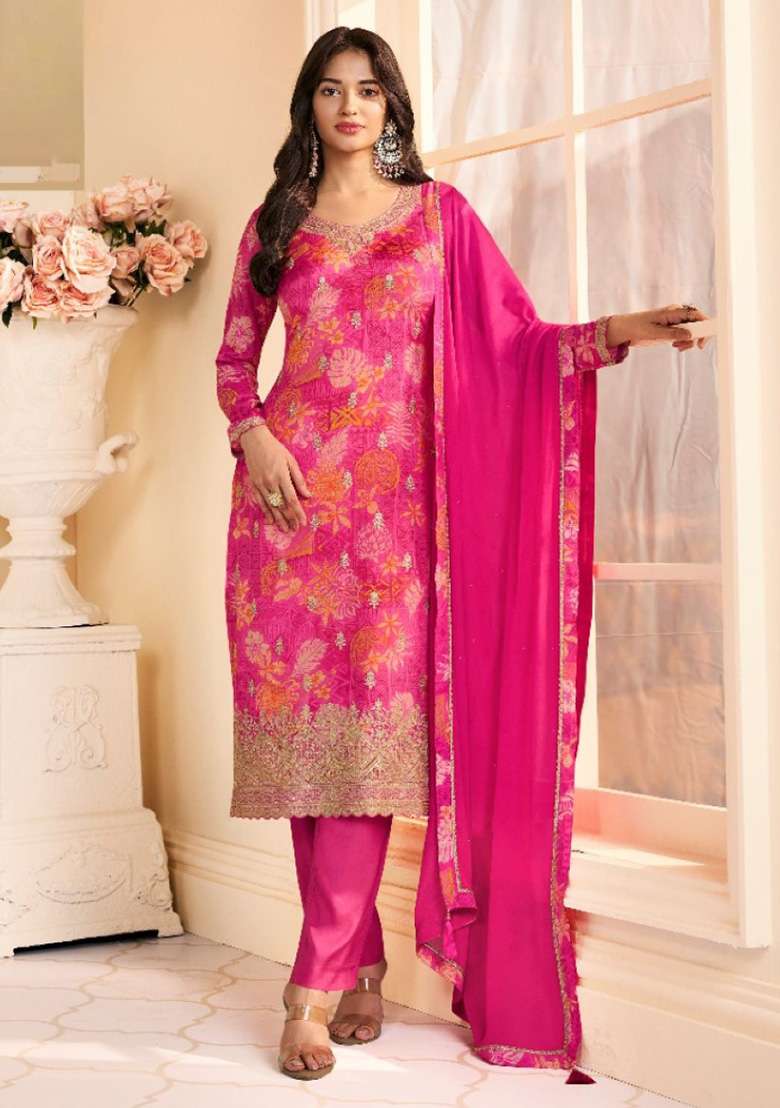 Magenta Printed Silk Blend Pakistani Suit Set - Indya