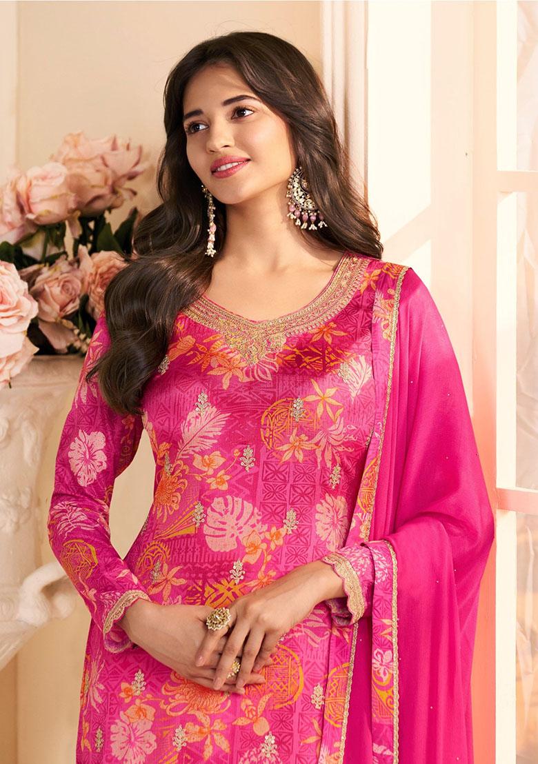 Magenta Printed Silk Salwar Kameez - Indya