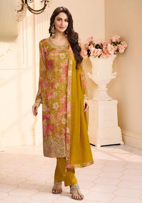 Mustard Printed Silk Salwar Kameez