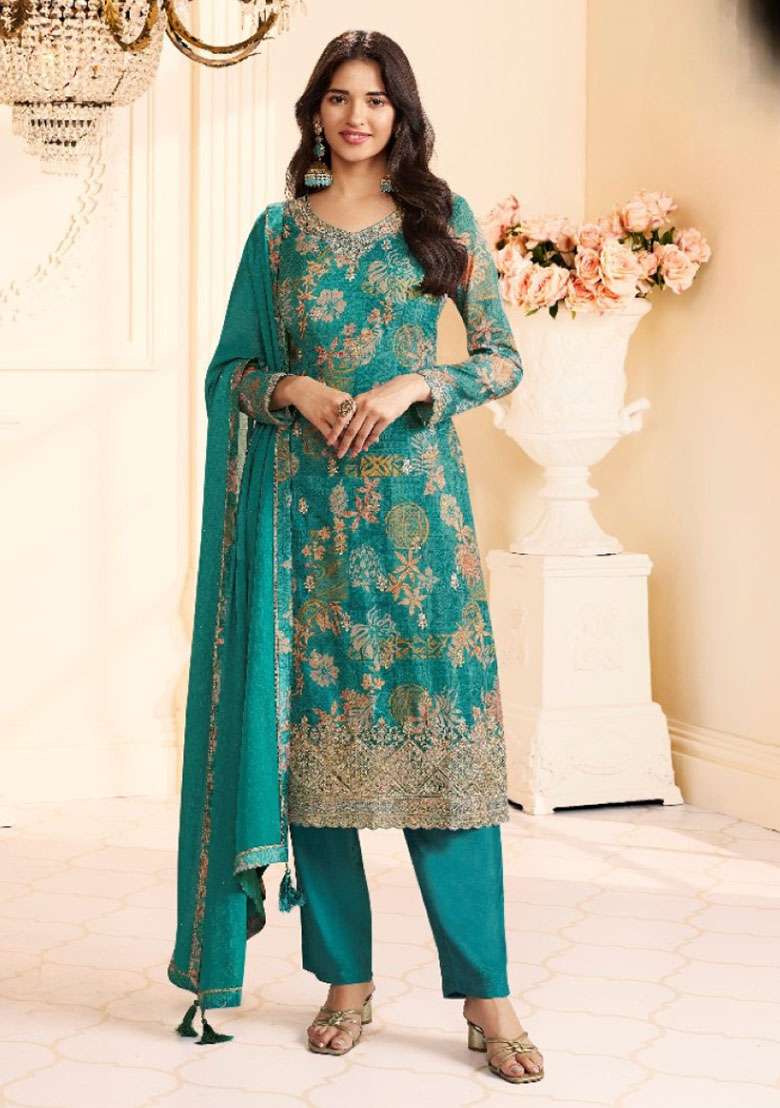 Teal Green Embroidered Silk Blend Pakistani Suit Set - Indya