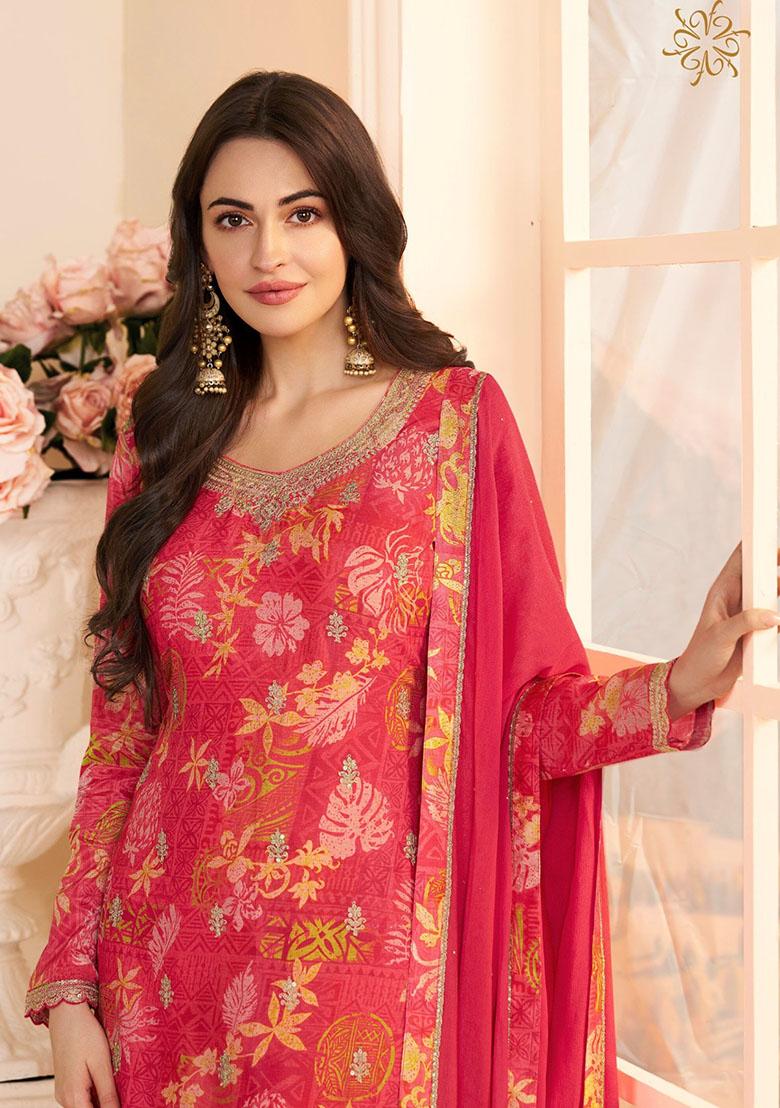 Red Printed Silk Salwar Kameez - Indya