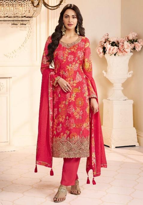 Red Printed Silk Salwar Kameez