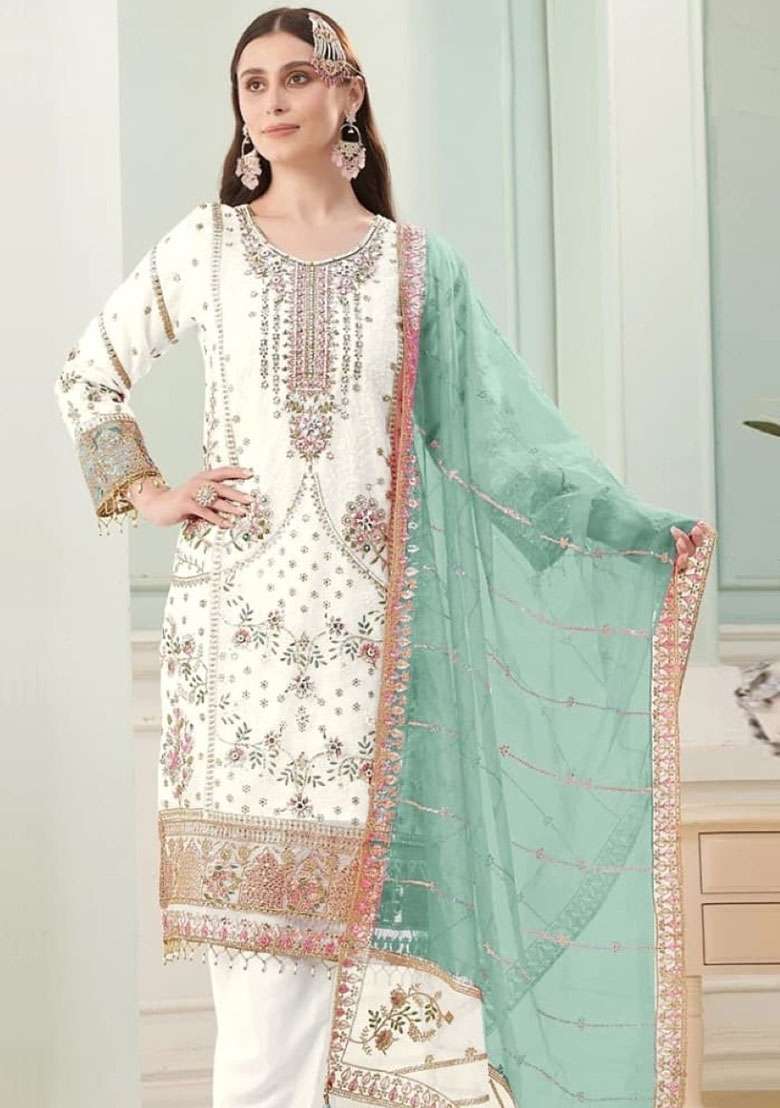 White Embroidered Georgette Pakistani Suit Set - Indya