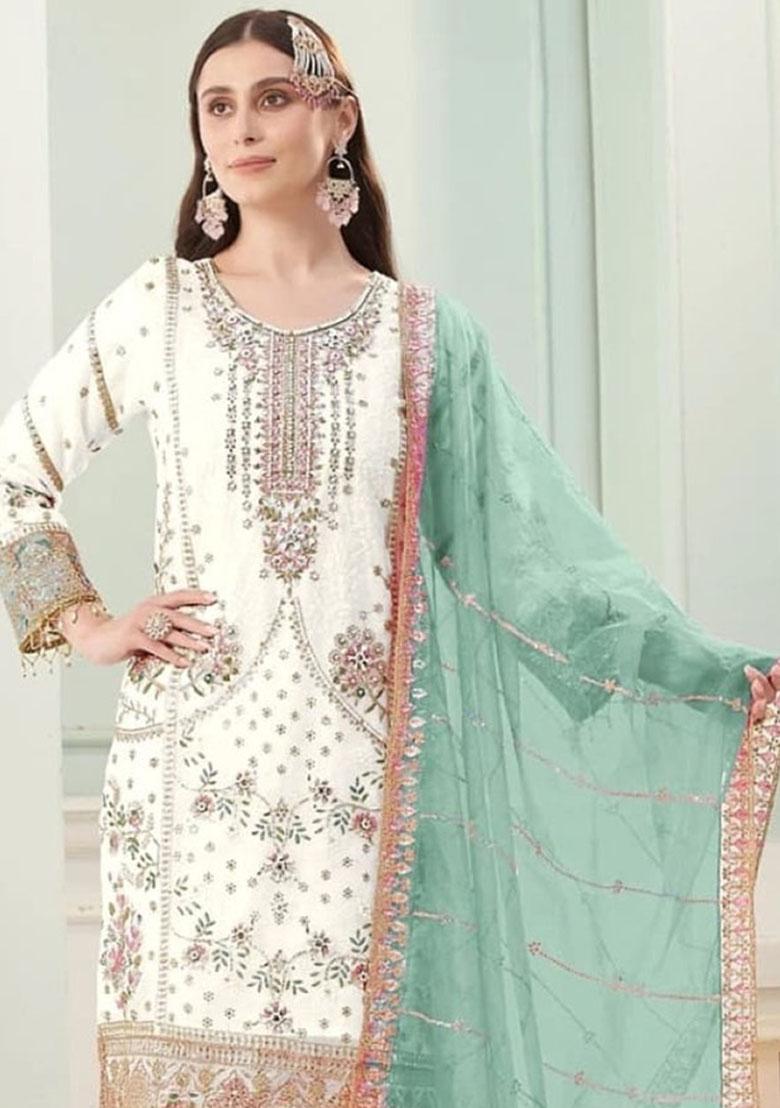 White Embroidery Georgette Salwar Kameez - Indya