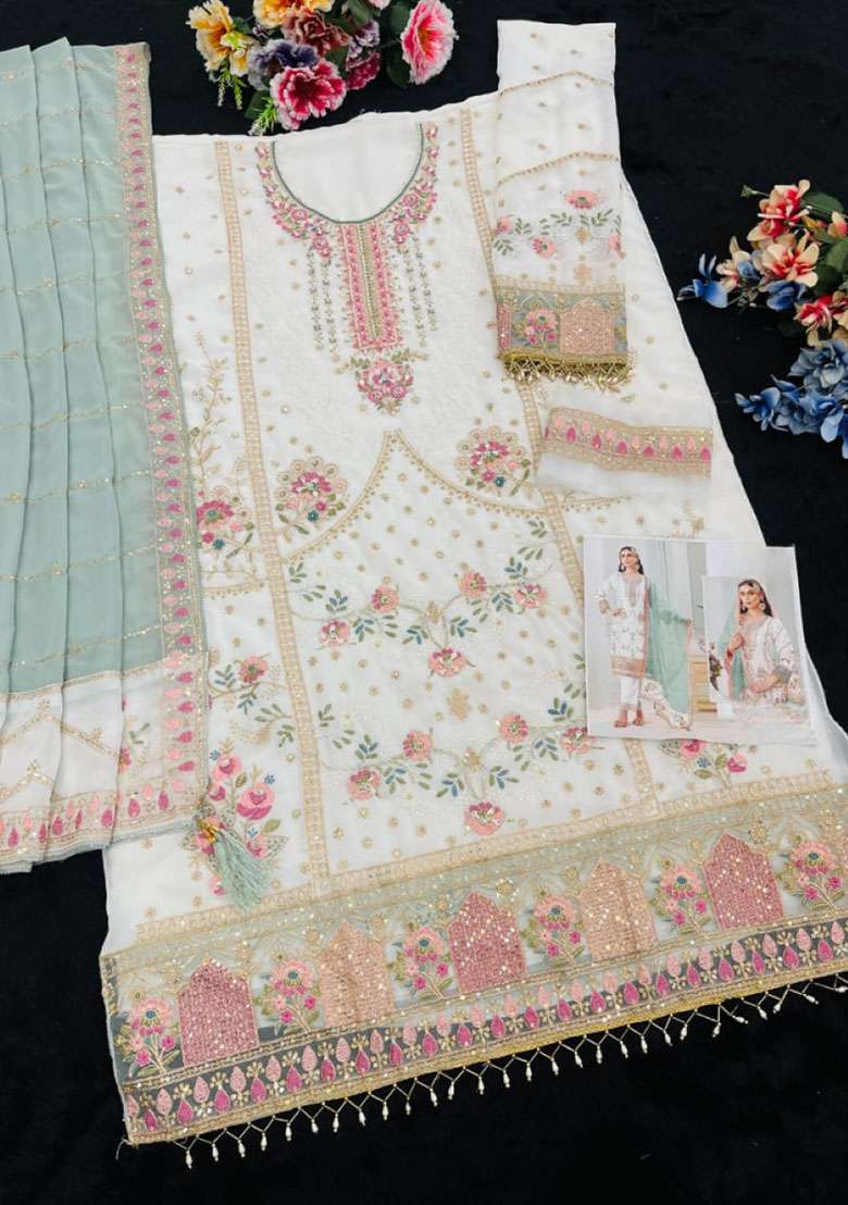 White Embroidered Georgette Pakistani Suit Set - Indya