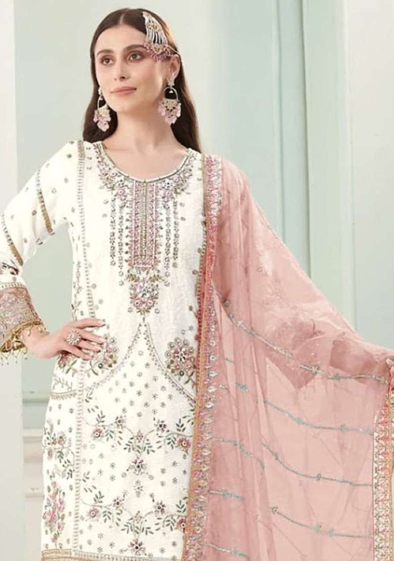 White Embroidered Georgette Pakistani Suit Set - Indya