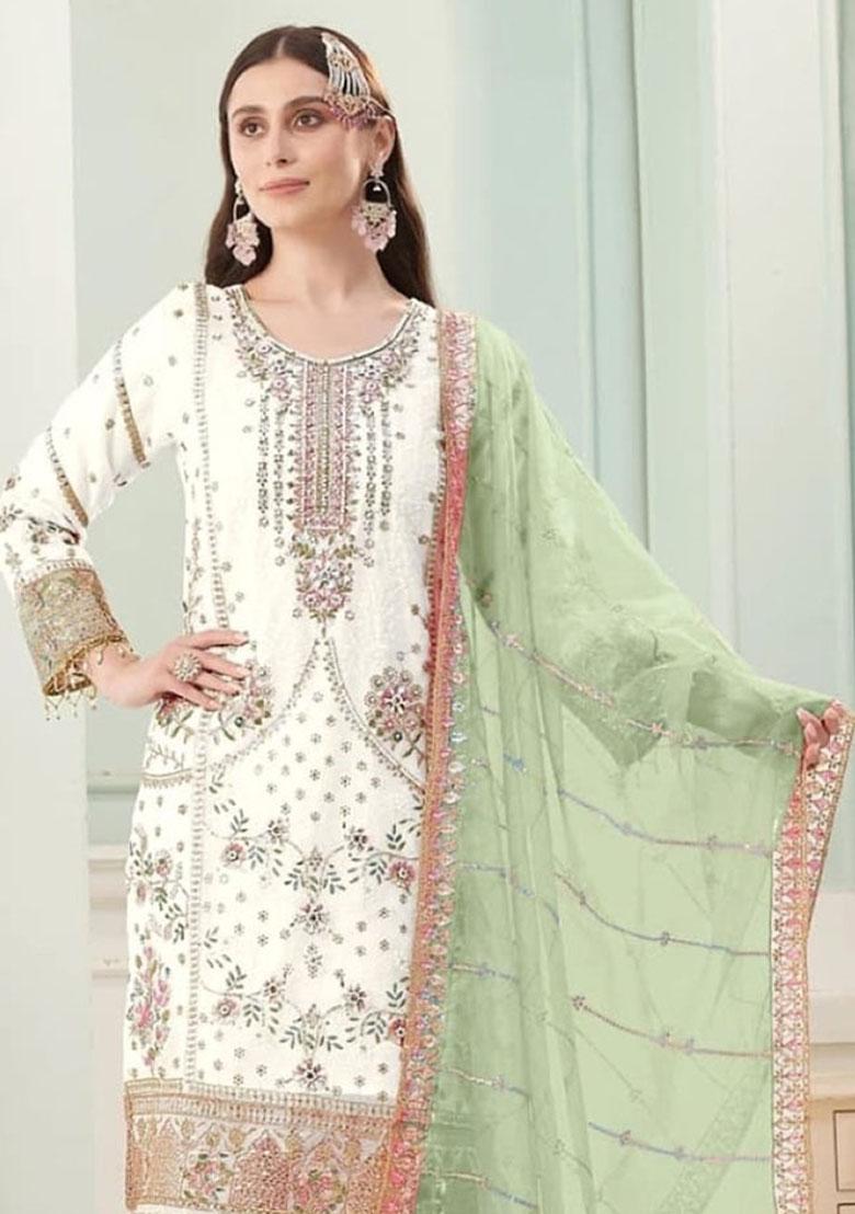 White Embroidery Georgette Salwar Kameez - Indya