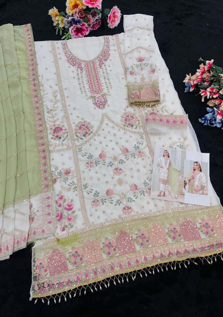 White Embroidered Georgette Pakistani Suit Set - Indya