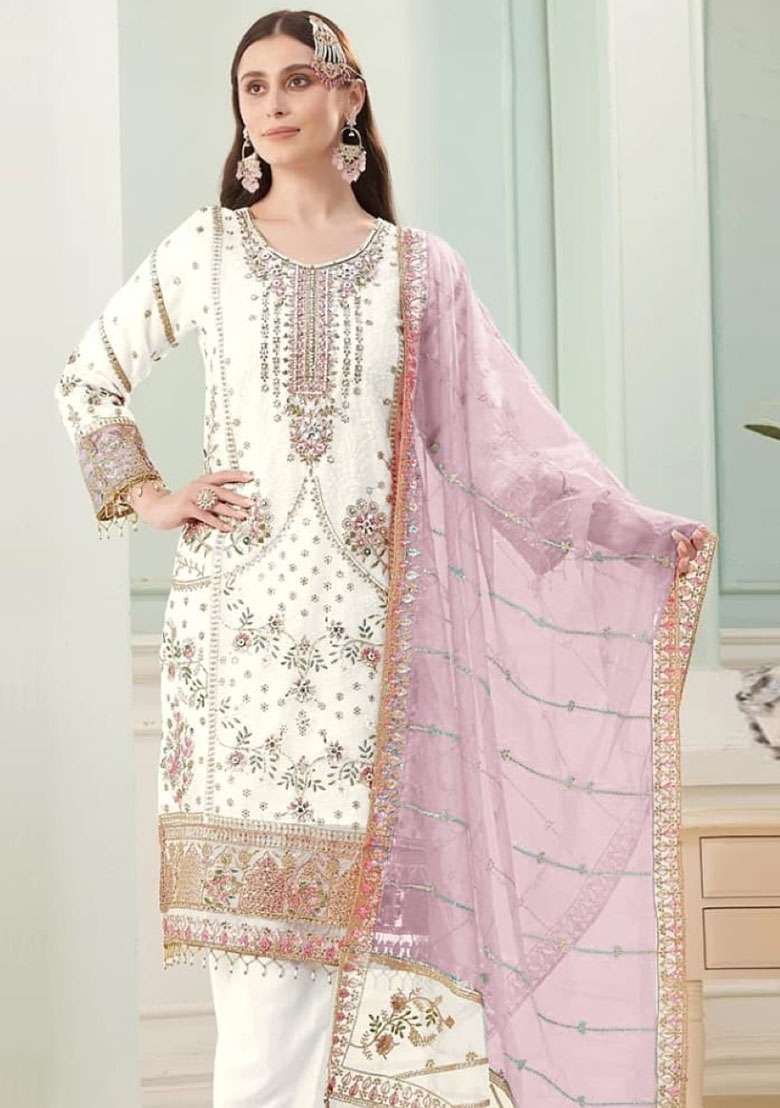 White Embroidered Georgette Pakistani Suit Set - Indya