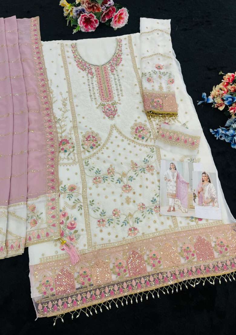 White Embroidered Georgette Pakistani Suit Set - Indya