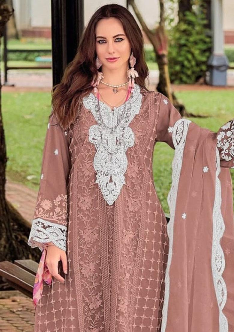 Brown Embroidery Silk Salwar Kameez - Indya