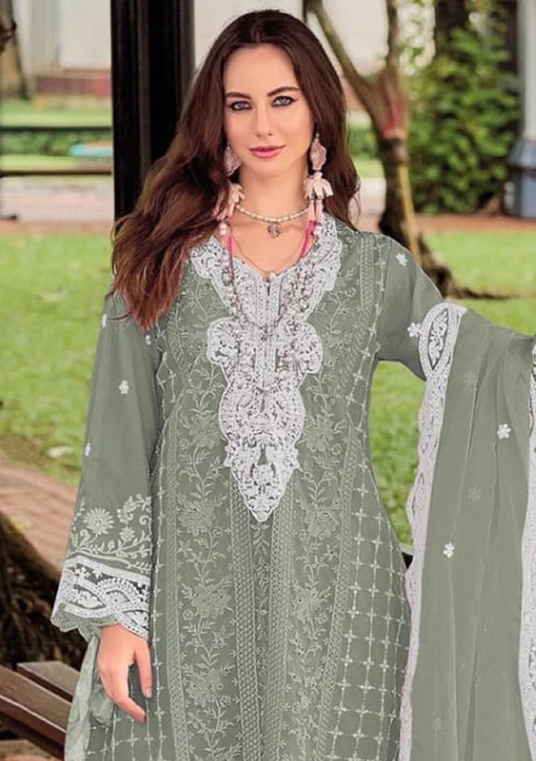 Green Embroidery Silk Salwar Kameez - Indya