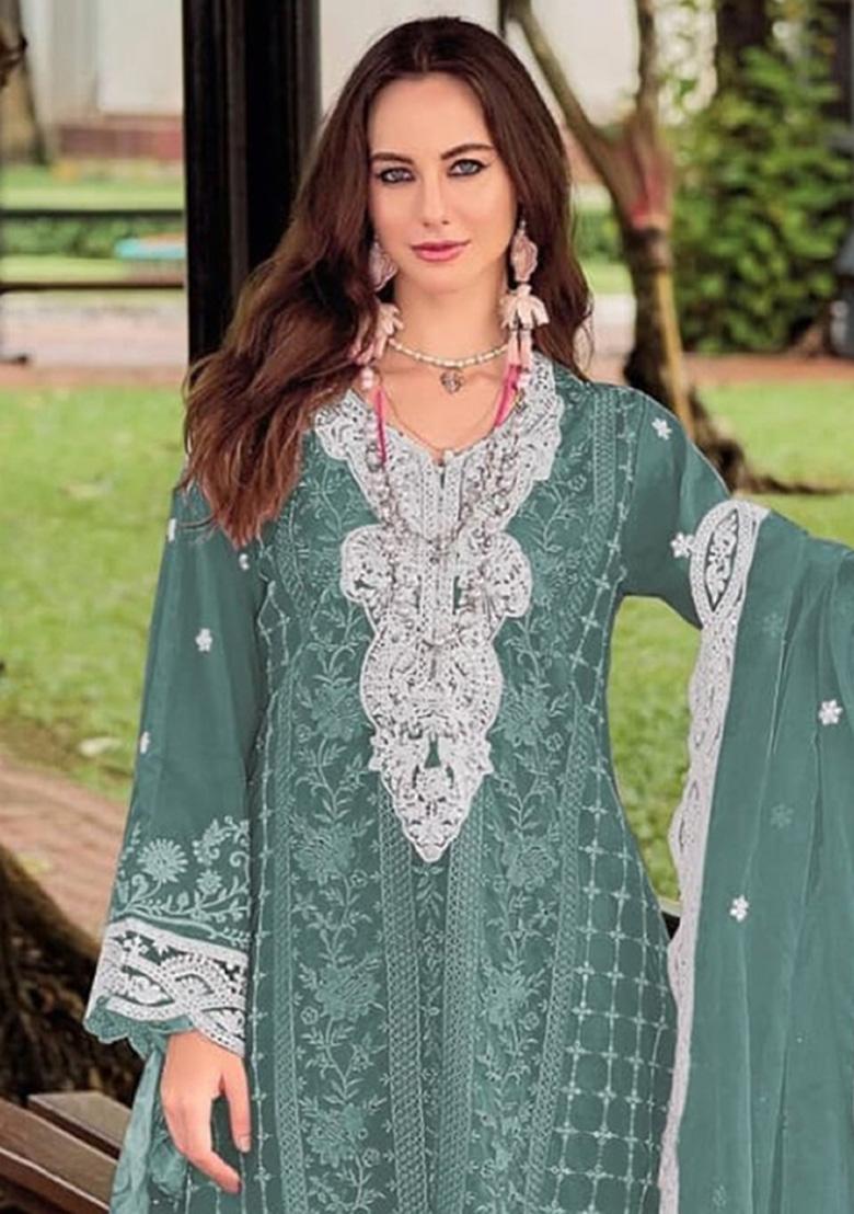 Blue Embroidery Silk Salwar Kameez - Indya