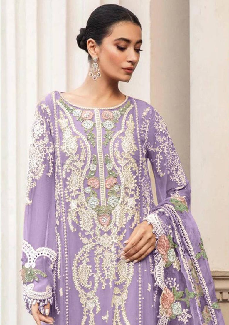 Lavender Embroidered Georgette Kurta Set - Indya