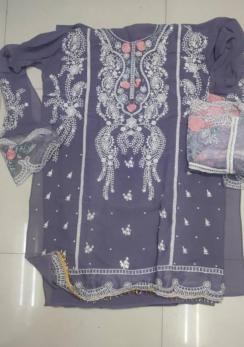 Lavender Embroidered Georgette Kurta Set - Indya