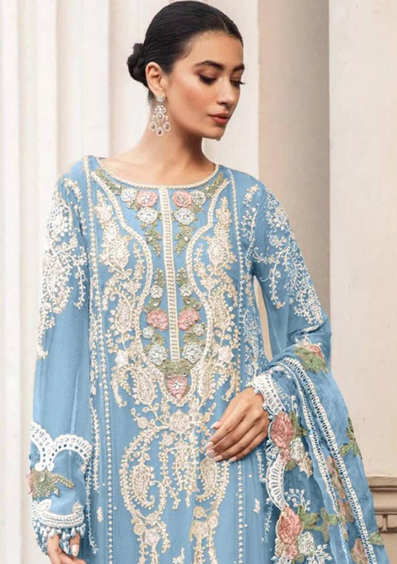 Sky Blue Embroidered Georgette Kurta Set - Indya