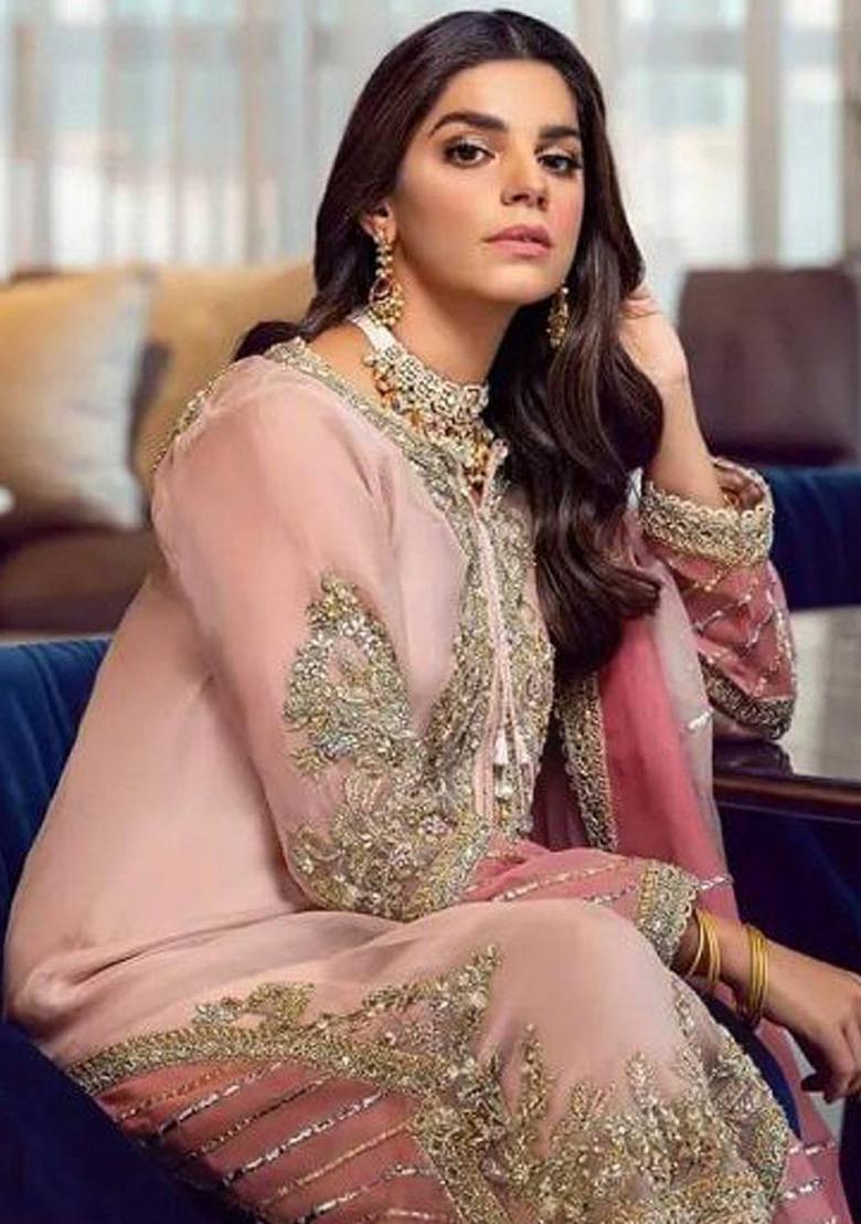 baby pink Embroidered Georgette Kurta Set - Indya