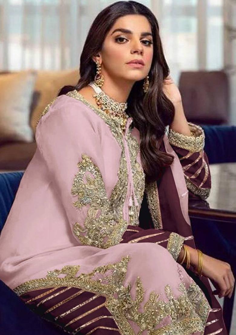 light pink Embroidered Georgette Kurta Set - Indya