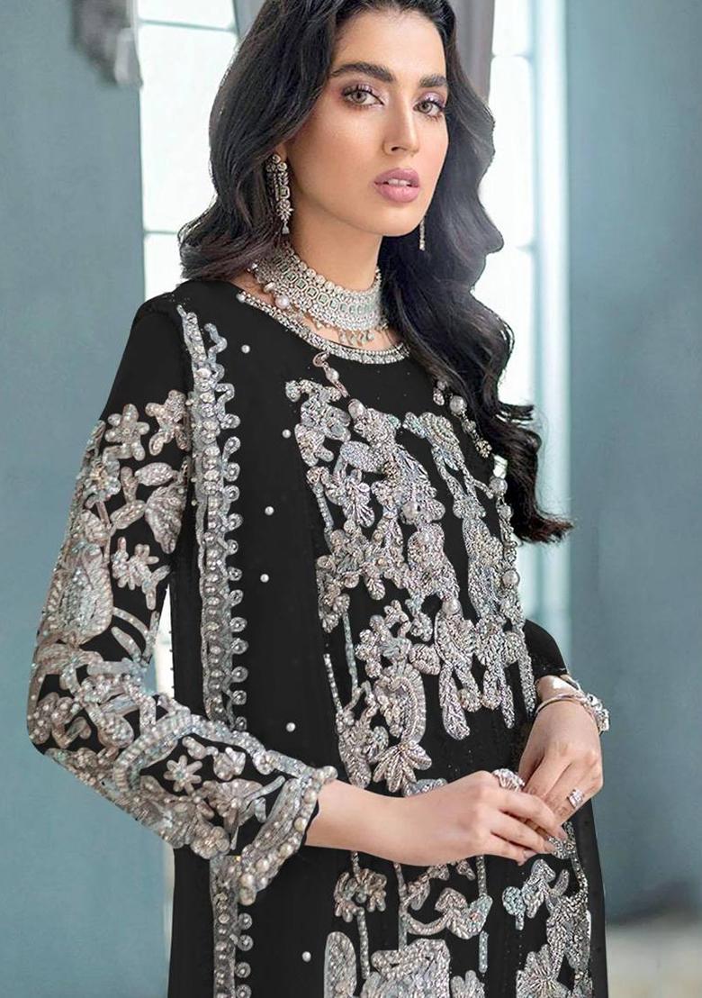 black Embroidered Organza Kurta Set - Indya