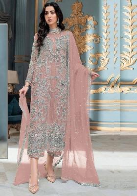peach Embroidered Organza Kurta Set